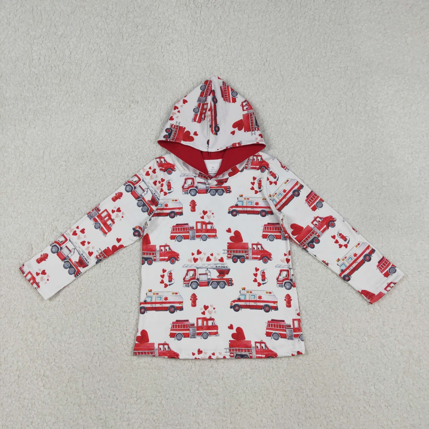 BT1512 Fire Truck Hearts Print Boys Valentine's Day Hoodie Top