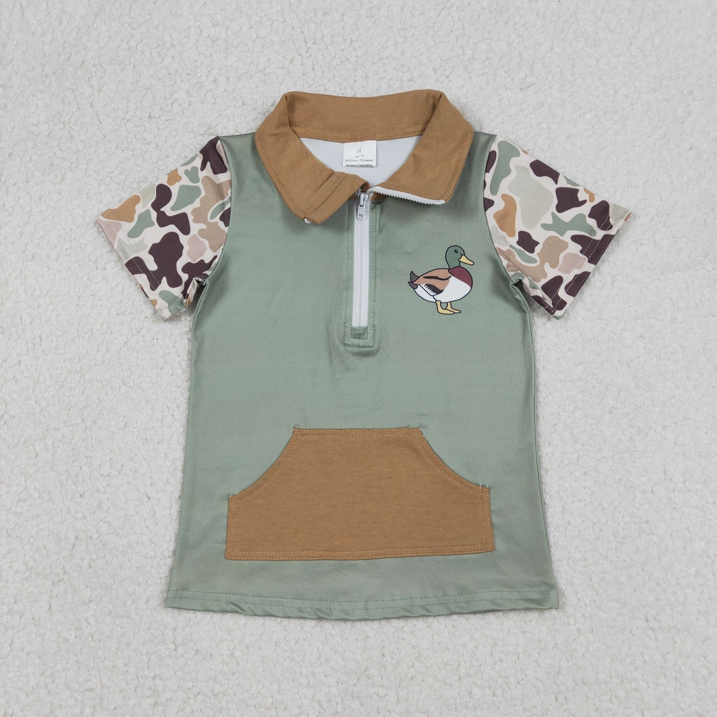 BT1530 Duck Camo Print Boys Short Sleeve Zipper Pullover Top