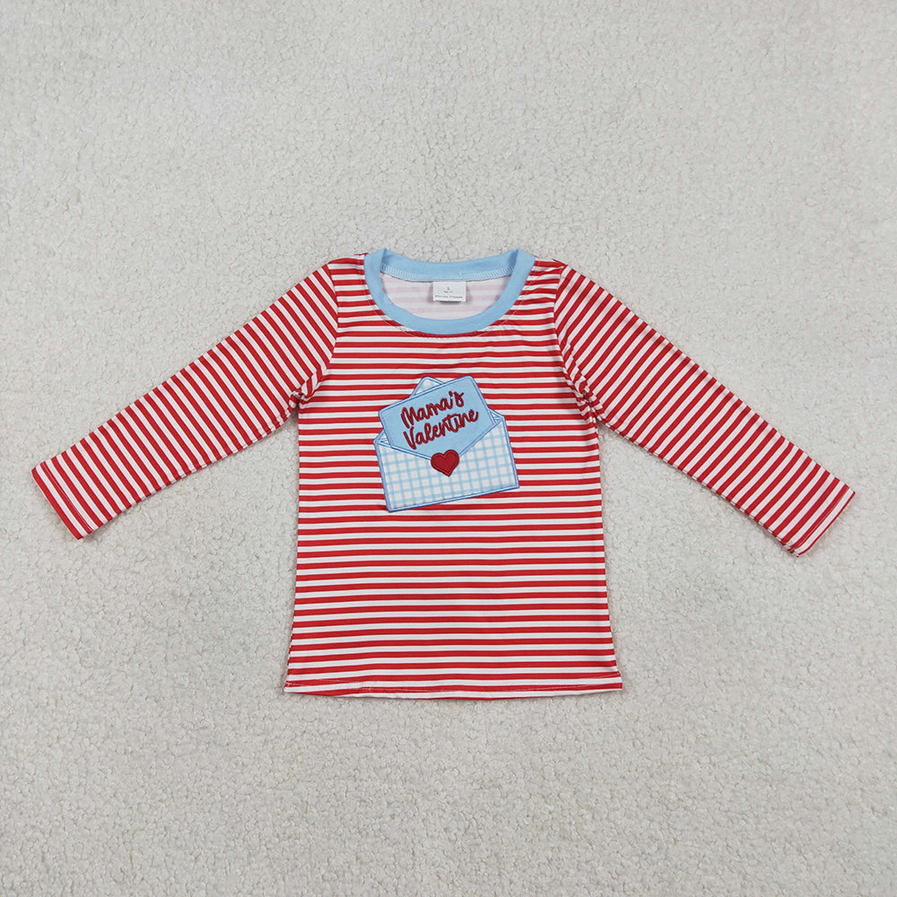 BT1574 MAMA'S Valentine Embroidery Stripes Boys Valentine's Day Tee Shirts Top