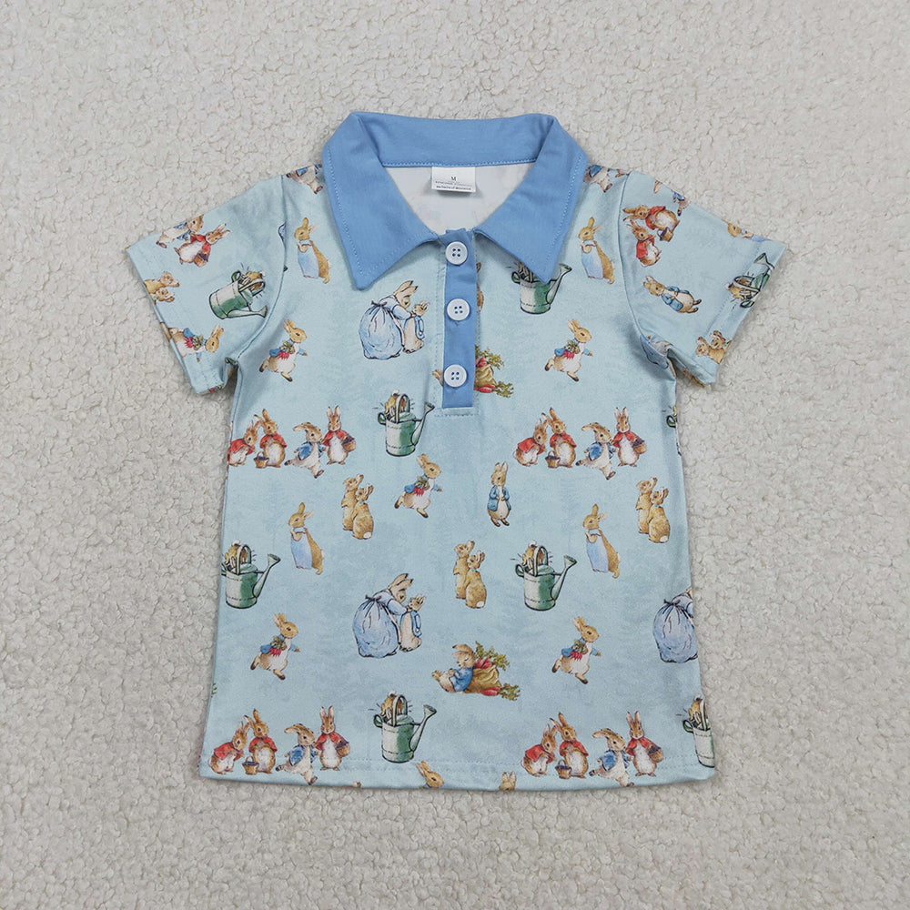 BT1665 Bunny Blue Print Boys Easter Polo Tee Shirts Top