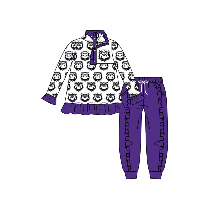(Custom Design Preorder MOQ 5) Team's BULLDOGS Purple Print Pullover Top Pockets Pants Boys Fall Clothes Set