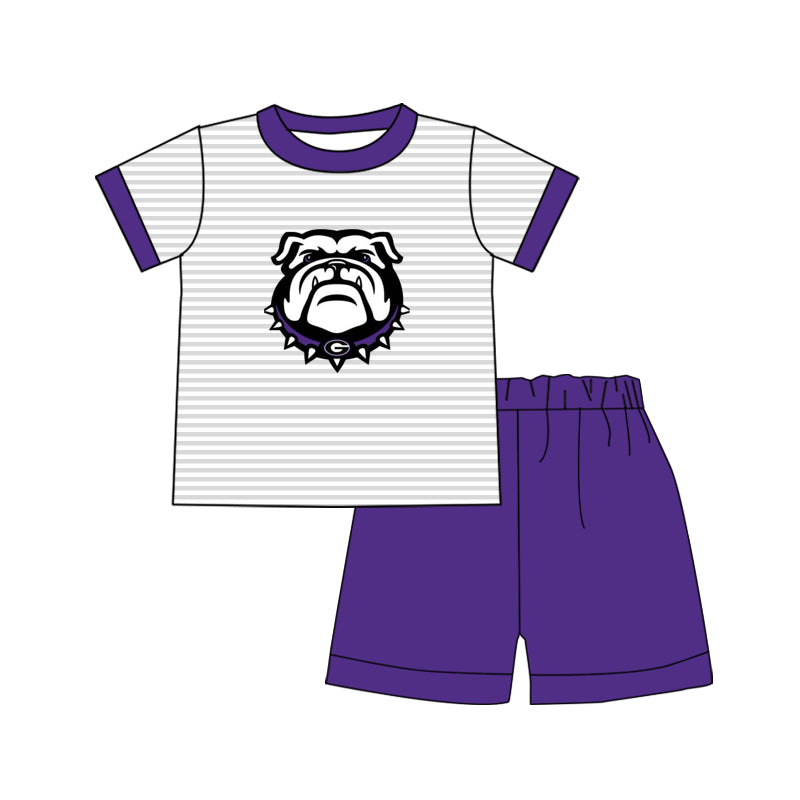 (Custom Design Preorder MOQ 5) Team's BULLDOGS Stripes Top Purple Shorts Boys Summer Clothes Set