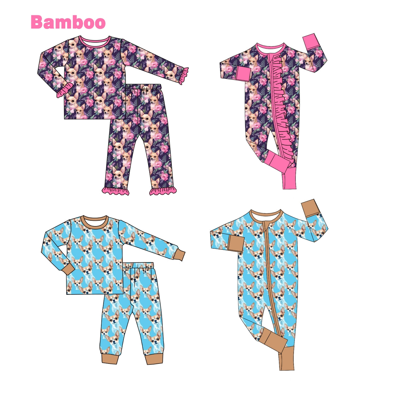 (Custom Design Preorder MOQ 20 Each Design) Dog Print Kids Pajamas Matching Bamboo Clothes Sibling Wear