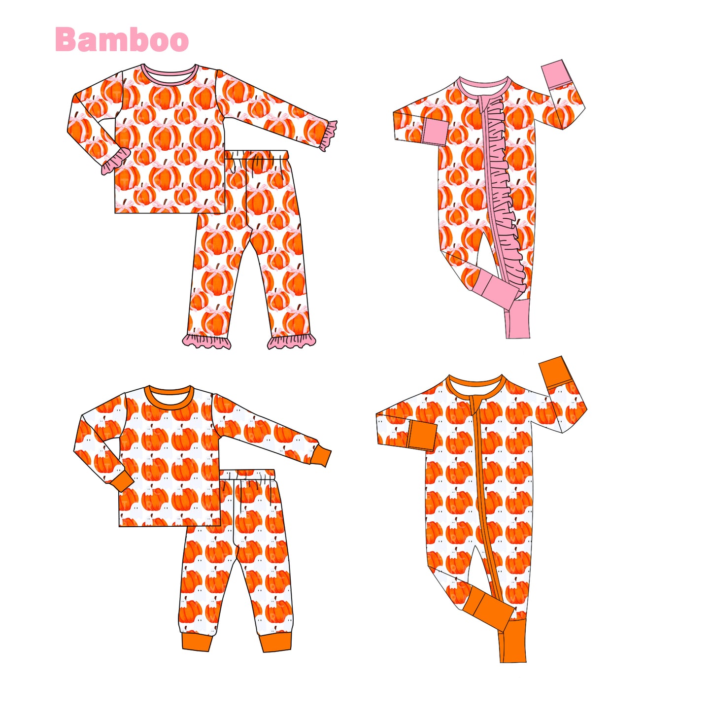 (Custom Design Preorder MOQ 20 Each Design) Pumpkin Print Kids Fall Pajamas Matching Bamboo Clothes Sibling Wear