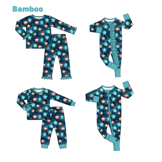 (Custom Design Preorder MOQ 20 Each Design) Stars Print Kids Pajamas Matching Bamboo Clothes Sibling Wear