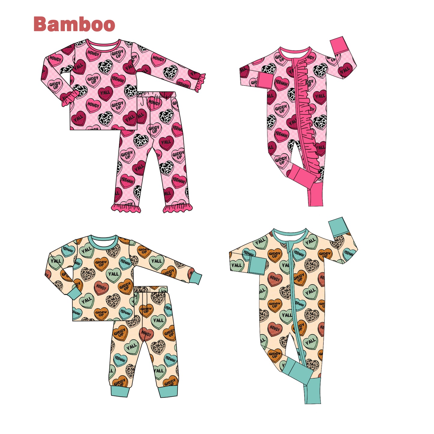 (Custom Design Preorder MOQ 20 Each Design) Heart Print Kids Valentine's Day Pajamas Matching Bamboo Clothes Sibling Wear