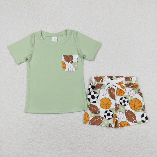 BSSO0694  Green Pocket Top Sports Ball Shorts Boys Summer Clothes Set