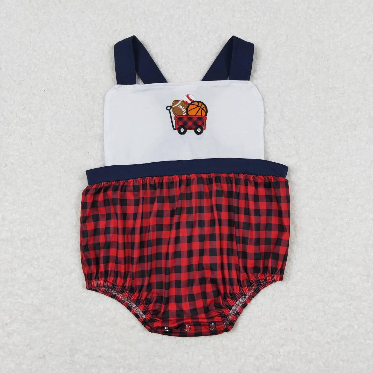 SR0753 Bolls Embroidery Plaid Print Baby Boys Summer Romper
