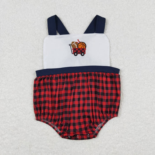 SR0753  Bolls Embroidery Plaid Print Baby Boys Summer Romper