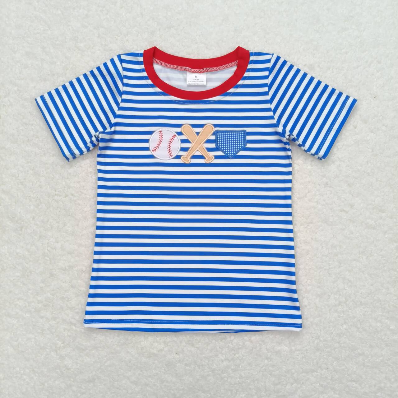 BT0657 Baseball Embroidery Stripes Print Boys Summer Tee Shirts Top