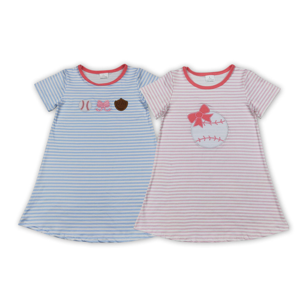Baseball Embroidery Stripes Print Girls Summer Dress Sisters Wear