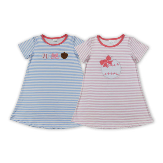 Baseball Embroidery Stripes Print Girls Summer Dress Sisters Wear
