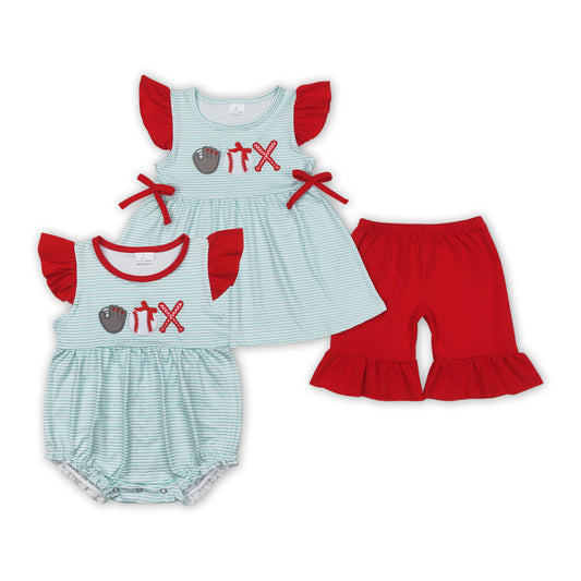 Baseball Embroidery Blue Stripes Sisters Summer Matching Clothes
