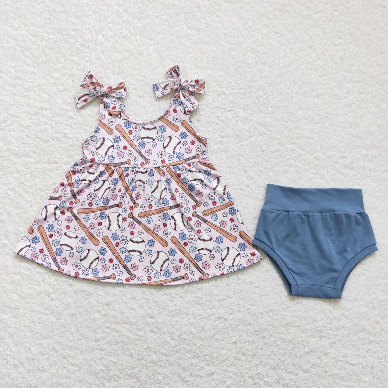 GBO0242 Baseball Flowers Tunic Top Blue Shorts Girls Summer Bummie Set