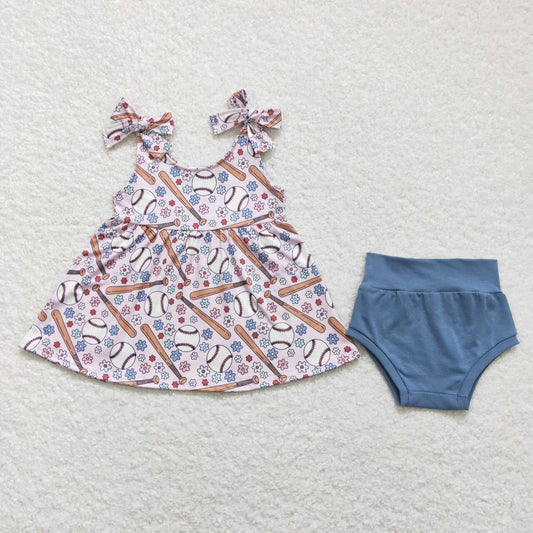 GBO0242 Baseball Flowers Tunic Top Blue Shorts Girls Summer Bummie Set