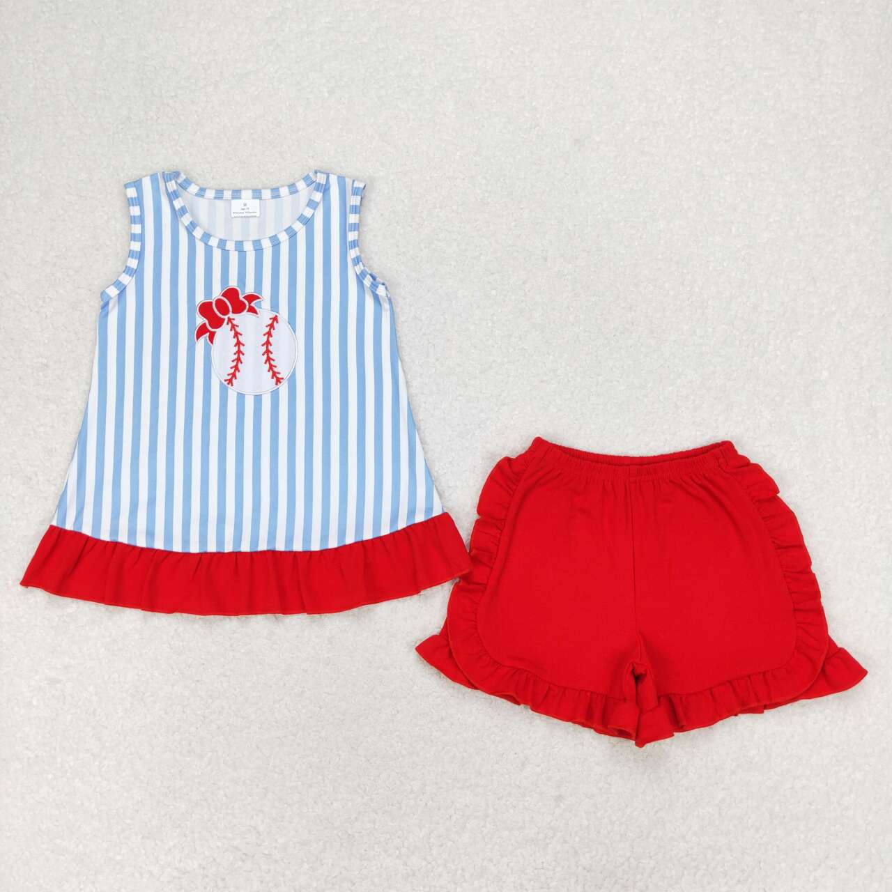 GSSO1019 Baseball Embroidery Blue Stripes Top Red Shorts Girls Summer Clothes Set