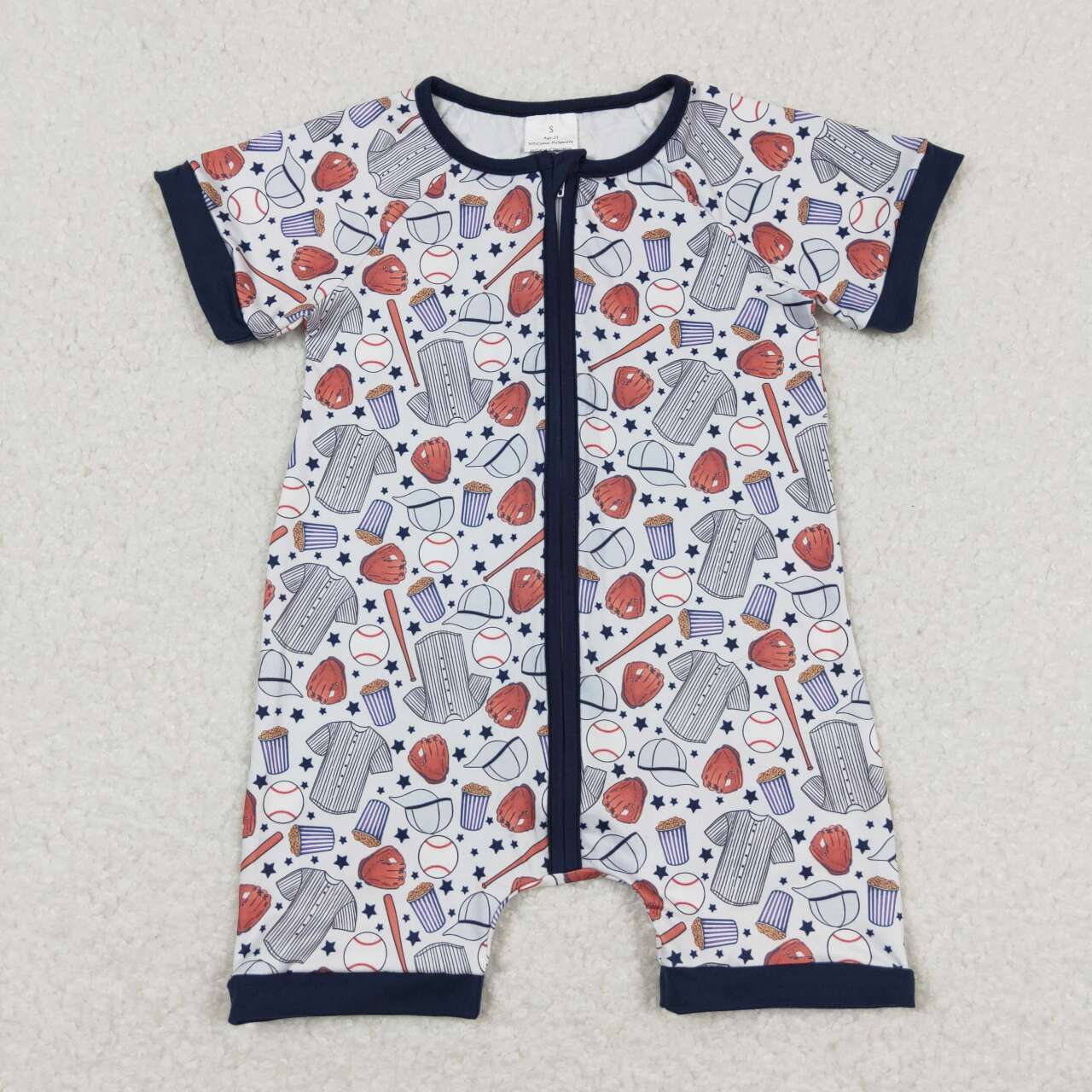SR0581 Baseball Print Baby Boys Summer Zipper Romper