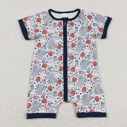 SR0581 Baseball Print Baby Boys Summer Zipper Romper