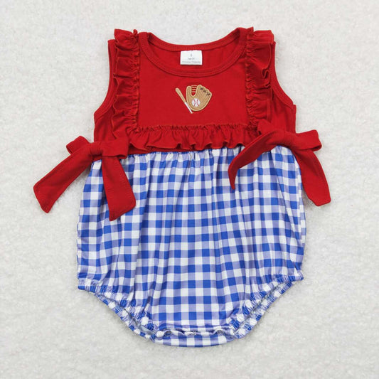 SR0615 Baseball Embroidery Baby Girls Summer Romper