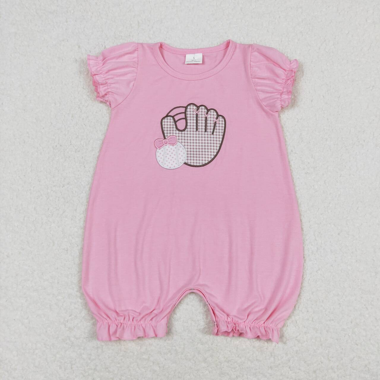 SR1213 Baseball Embroidery Pink Baby Girls Summer Romper