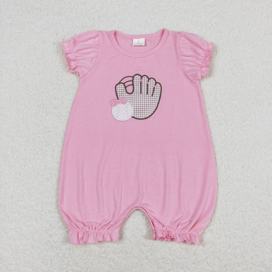SR1213 Baseball Embroidery Pink Baby Girls Summer Romper