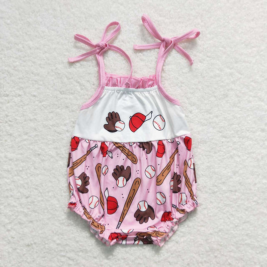 SR1234 Baseball Print Baby Girls Summer Strap Romper