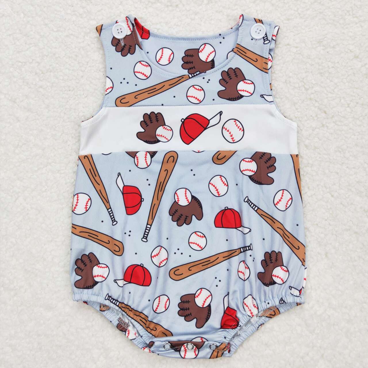 SR1235 Baseball Print Baby Boys Summer Buttons Romper