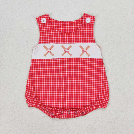 SR1338 Baseball Red Plaid Print Baby Boys Summer Romper