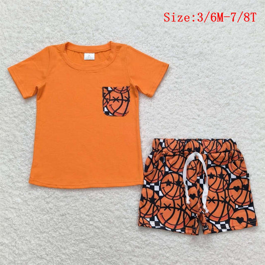BSSO0789 Orange Pocket Top Basketball Shorts Boys Summer Clothes Set