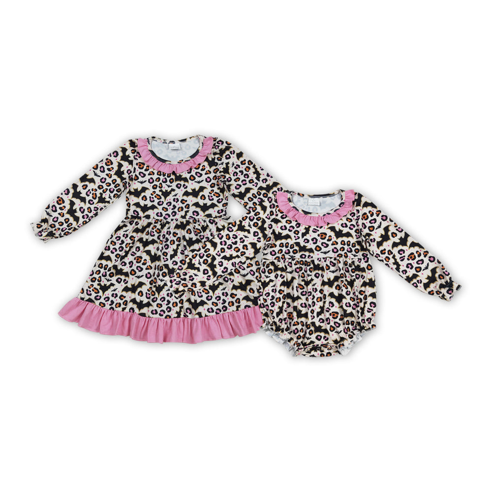Bat Leopard Print Girls Halloween Matching Clothes Sisters Wear