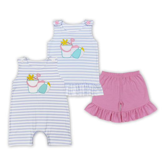 Beach Ball Embroidery Stripes Print Sibling Summer Matching Clothes