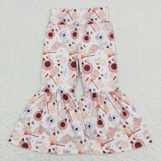 P0262 Girls Bee Sunflowers Print Bell Bottom Pants