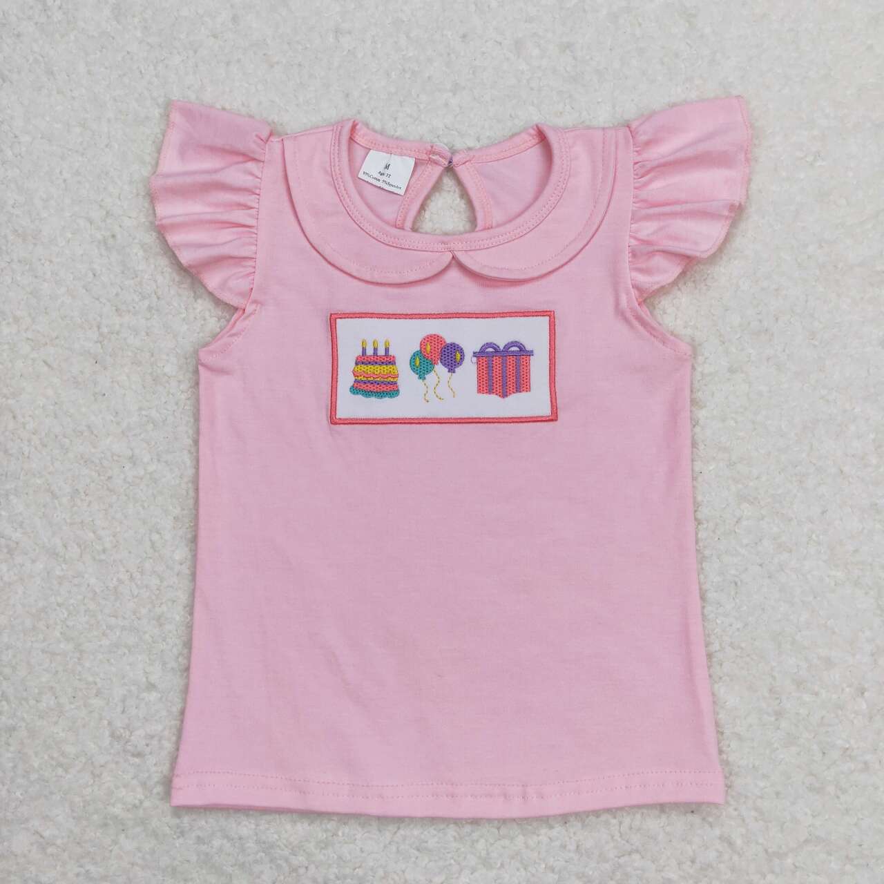 GT0501 Birthday Embroidery Pink Girls Summer Tee Shirts Top