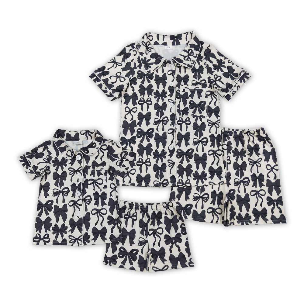 Black Bows Print Mom and Me Summer Buttons Pajamas Matching Clothes Set