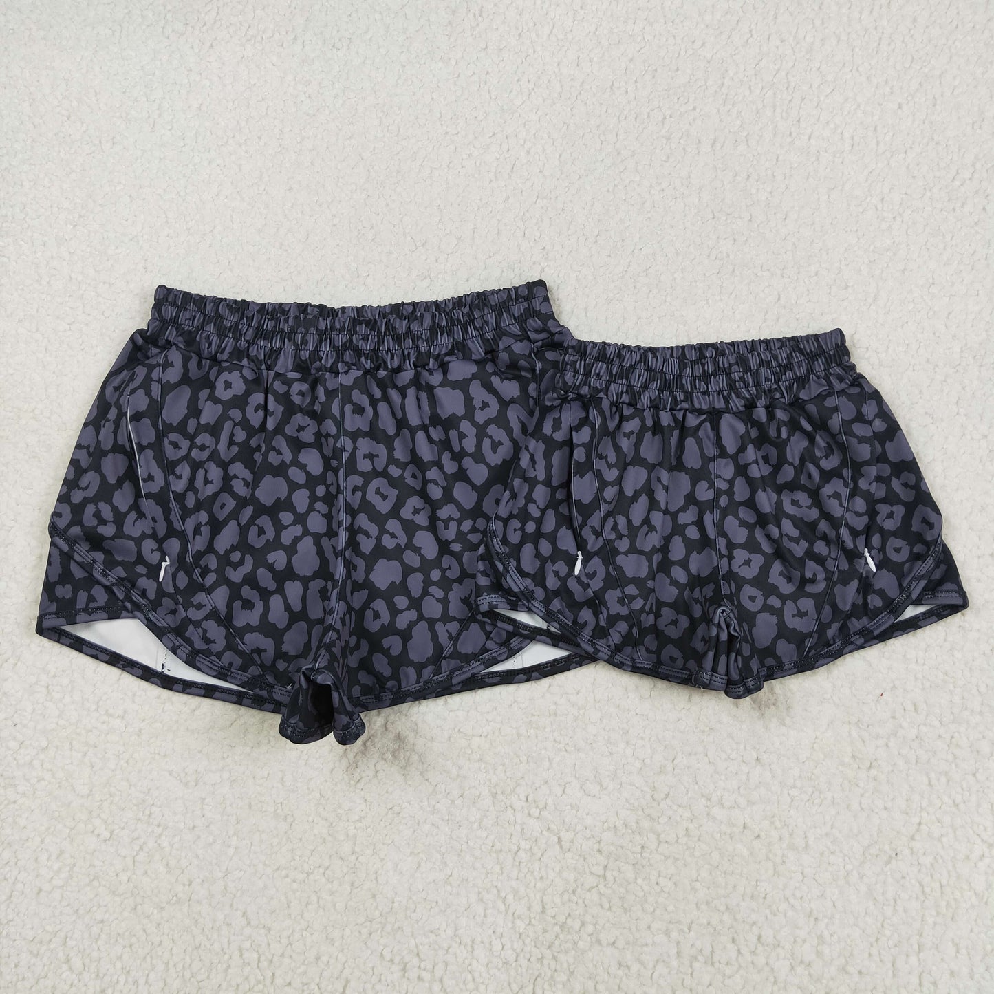 Black Leopard Print Mom and Me Summer Zipper Pockets Bottom Yoga Shorts