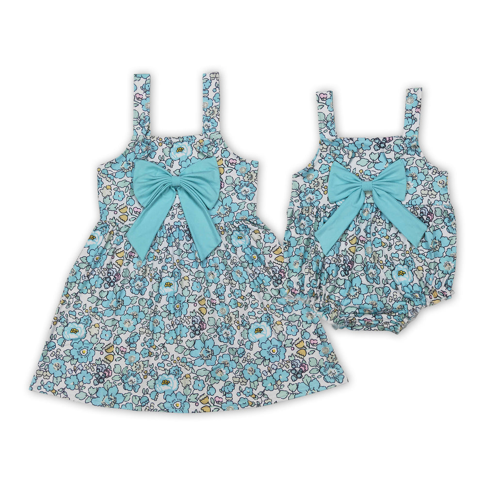 Blue Flowers Print Sisters Sleeveless Summer Clothes Sisters Wear