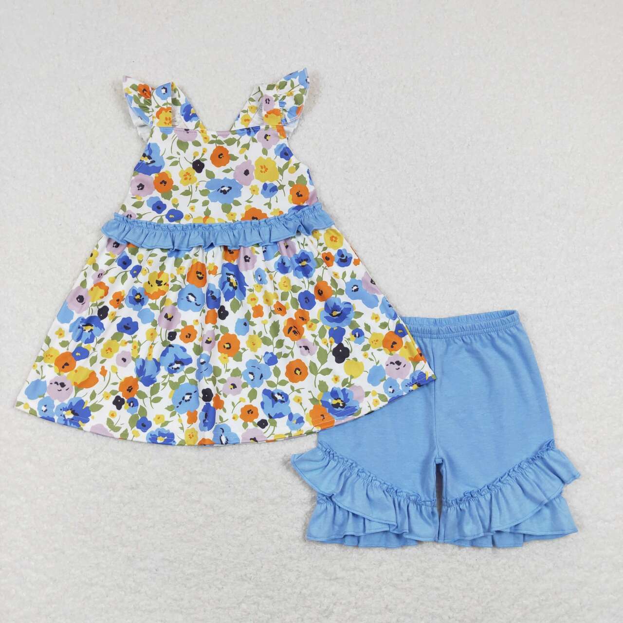 GSSO0494 Blue Flowers Print Girls Summer Clothes Set