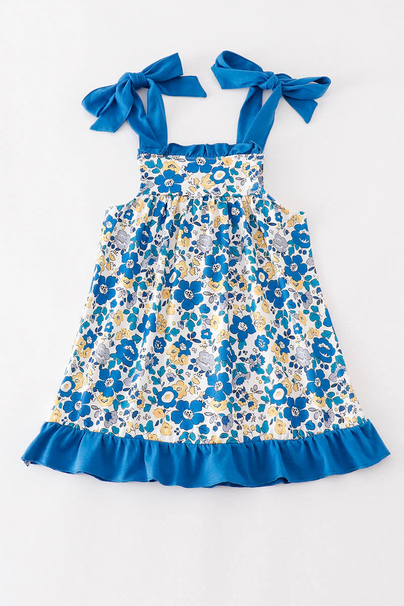 (Custom Design Preorder MOQ 5) Flowers Blue Print Girls Knee Length Dress