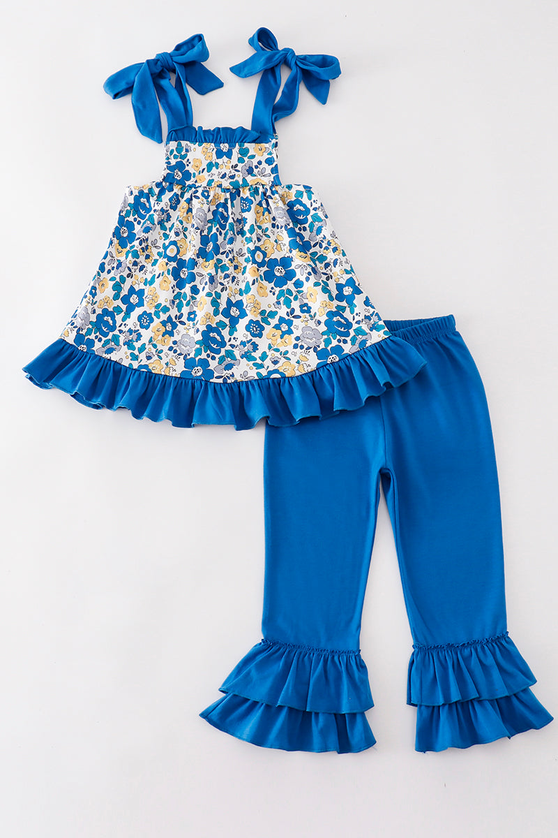 (Custom Design Preorder MOQ 5) Flowers Blue Tunic Top Ruffle Pants Girls Clothes Set