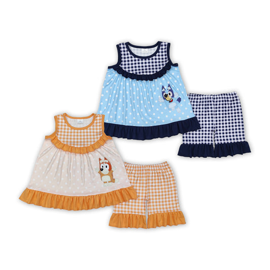 Cartoon Dog Blue & Orange Sisters Summer Matching Outfits