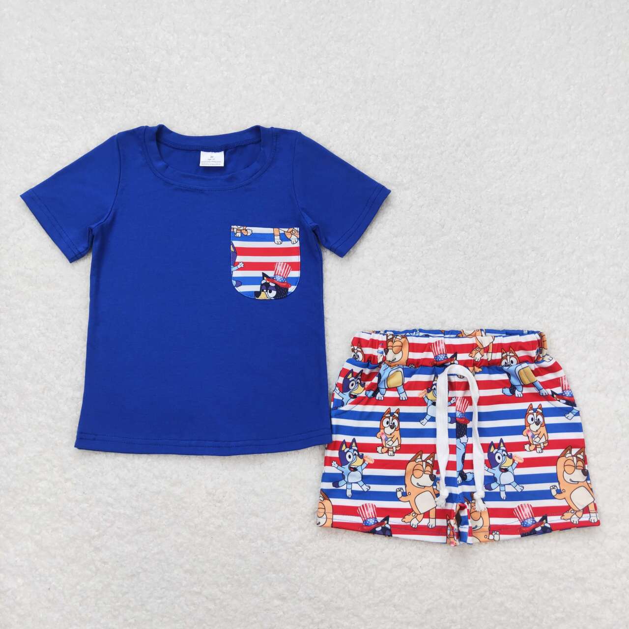 BSSO0513 Blue Pocket Top Cartoon Dog Print Boys 4th of July Clothes Set