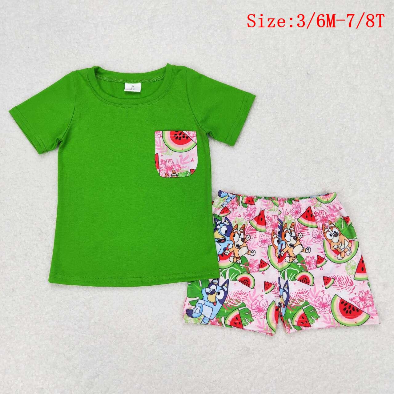 BSSO0743 Green Pocket Top Watermelon Cartoon Dog Shorts Boys Summer Clothes Set