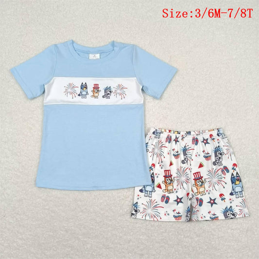 BSSO0792 Cartoon Dog Fireworks Print Boys 4th of July Clothes Set