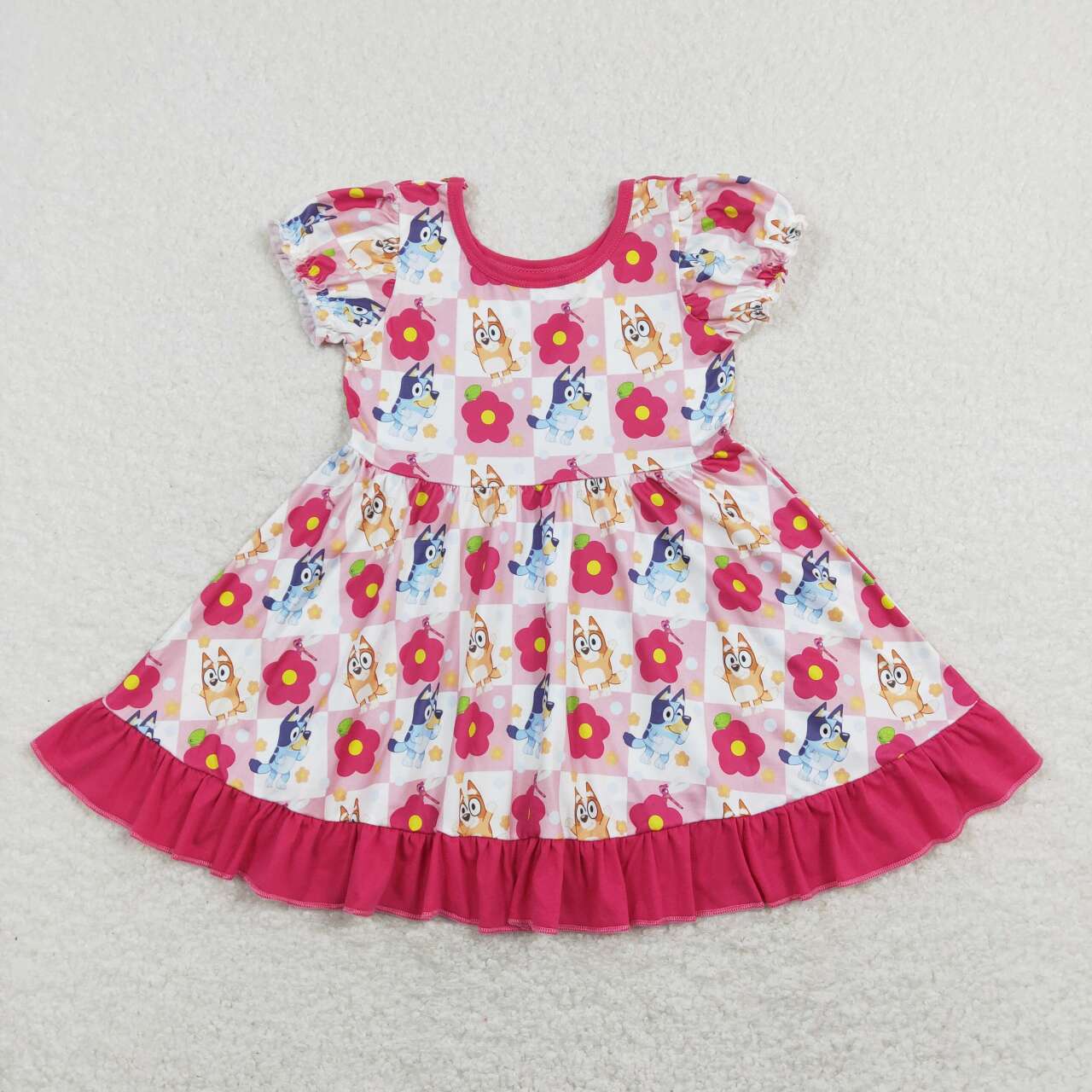 GSD0740 Cartoon Dog Flowers Print Girls Summer Knee Length Dress
