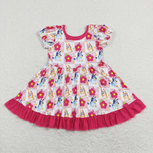 GSD0740 Cartoon Dog Flowers Print Girls Summer Knee Length Dress