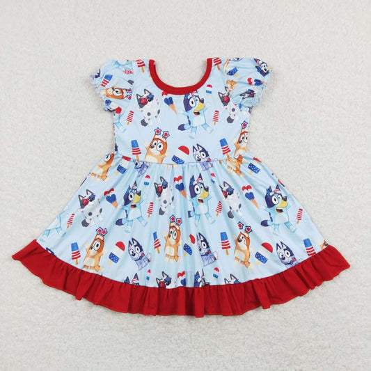 GSD0744 Cartoon Dog Star Print Girls 4th of July Knee Length Dress