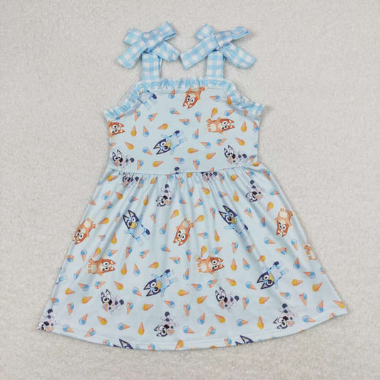 GSD0866 Cartoon Dog Popsicle Print Girls Summer Knee Length Strap Dress