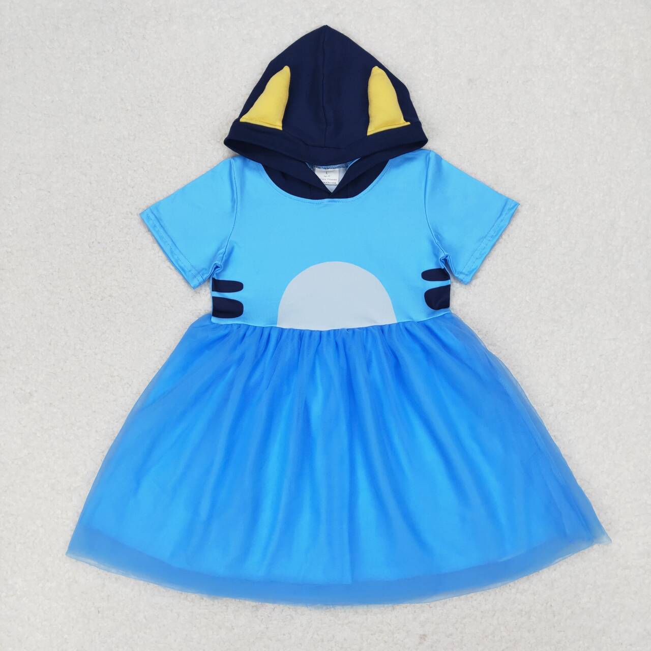 Cartoon Dog Print Girls Knee Length Summer Hoodie Tulle Dress Sisters Wear