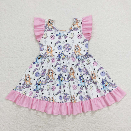 GSD1062  Cartoon Dog Disco Print Girls Knee Length Summer Dress