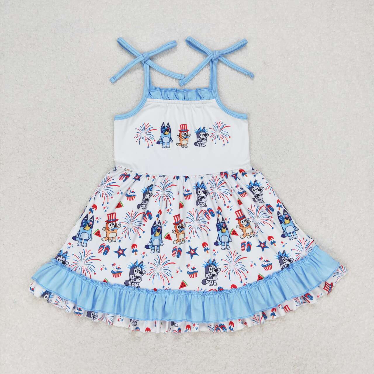 GSD1069 Cartoon Dog Fireworks Print Girls Knee Length 4th of July Dress